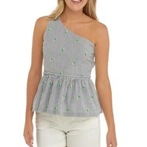 NWT Crown‎ & Ivy Women's Lemon Embroidered Striped Peplum One Shoulder Top Sz 10